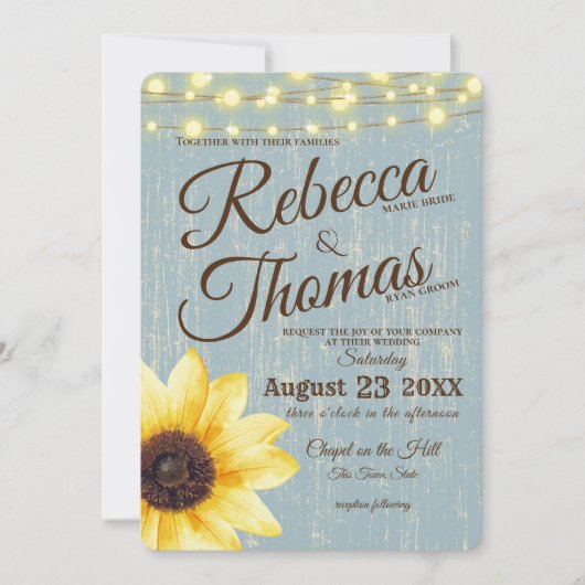 Dusty Blue Zonnebloem en Lichten Rustieke Bruiloft Kaart (Voorkant)