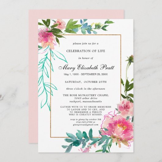 Dusty Blush Pink Floral Celebration of Life Invita Kaart (Voorkant / Achterkant)