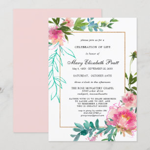 Dusty Blush Pink Floral Celebration of Life Invita Kaart