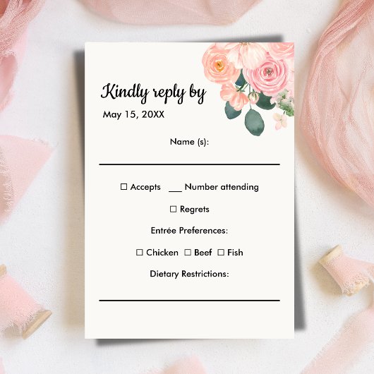 Dusty Blush Pink Floral Meal Choice RSVP Card