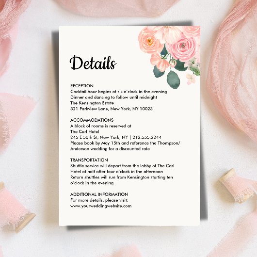 Dusty Blush Pink Floral Wedding Details Card Informatiekaartje