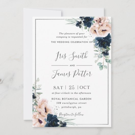 Dusty Blush Poppy Navy Bloemen Groen Bruiloft Kaart (Voorkant)