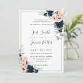 Dusty Blush Poppy Navy Bloemen Groen Bruiloft Kaart (Staand voorkant)