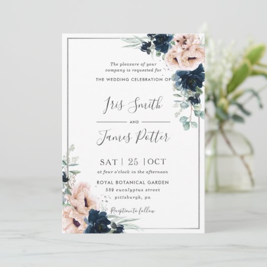 Dusty Blush Poppy Navy Bloemen Groen Bruiloft Kaart (Staand voorkant)
