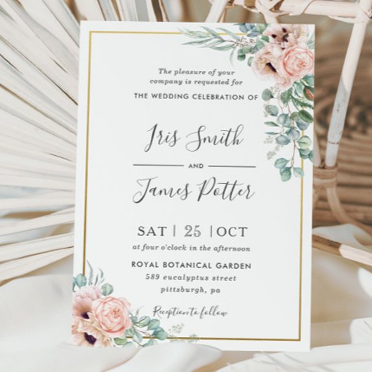 Dusty Blush Roos Poppy Floral Greenery Wedding Kaart