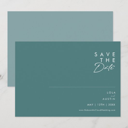 Dusty Boho | Horizontaal groen en blauw Save The Date (Voorkant / Achterkant)