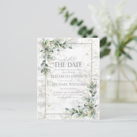 Dusty Botanical Greenery Gold Delay The Date Briefkaart (Staand voorkant)