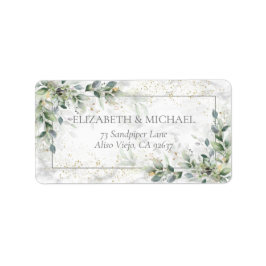 Dusty Botanical Greenery Gold Marble Address Etiket