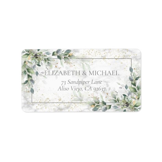 Dusty Botanical Greenery Gold Marble Address Etiket (Voorkant)