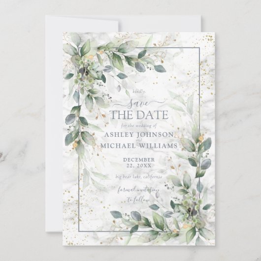 Dusty Botanical Greenery Gold Marble Save the Date (Voorkant)