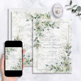 Dusty Botanical Greenery Gold Marble Save the Date