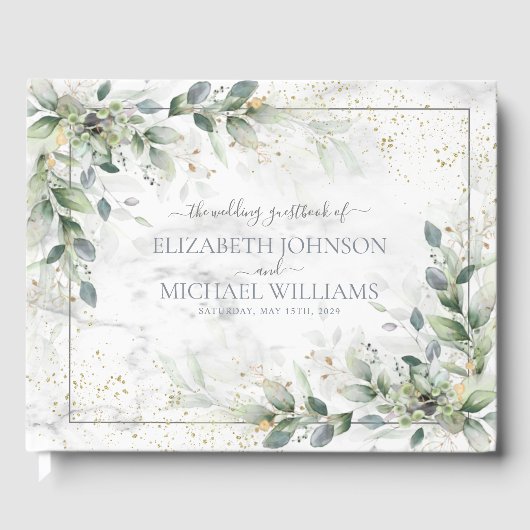 Dusty Botanical Greenery Gold Marble Wedding Gastenboek (Voorkant)
