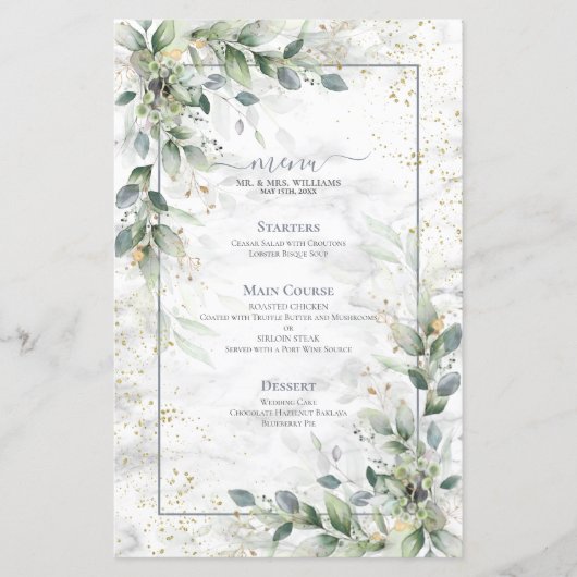 Dusty Botanical Greenery Gold Marble Wedding Menu (Voorkant)