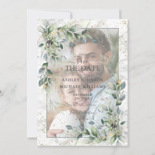 Dusty Botanical Greenery Gold Photo Save the Date (Voorkant)