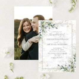 Dusty Botanical Greenery Gold Photo Wedding Kaart