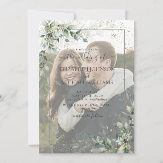 Dusty Botanical Greenery Gold Vellum Photo Wedding Kaart (Voorkant)