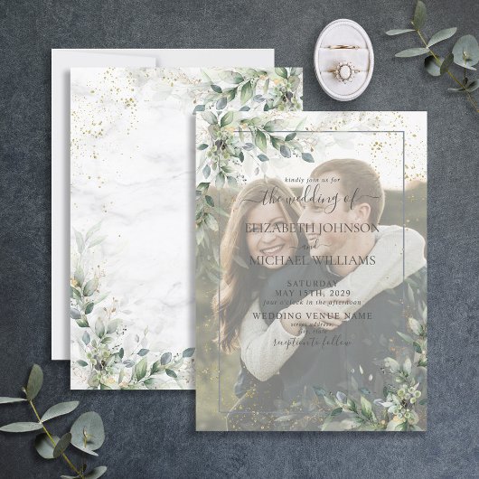 Dusty Botanical Greenery Gold Vellum Photo Wedding Kaart
