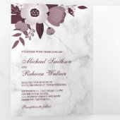 Dusty Bourgogne Bloemen Wit Marmer Foto Huwelijk Drieluik Uitnodiging (Binnenzijde eerst)