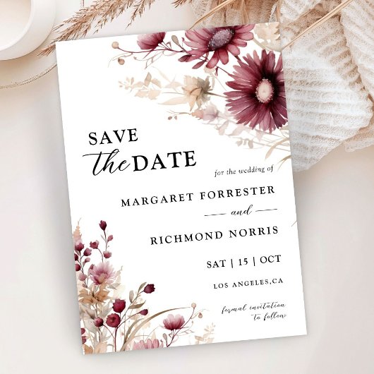 Dusty Bourgondië Wildflowers Wedding Save the Date Kaart