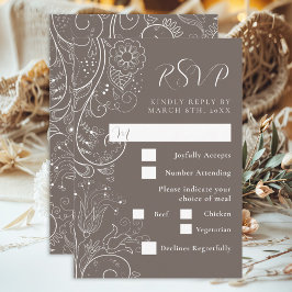 Dusty Brown Elegant Bloemen Bruiloft Maaltijd Keuz RSVP Kaartje