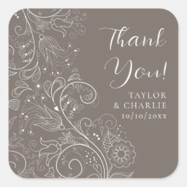 Dusty Brown Elegant Floral Wedding Dank u Vierkante Sticker