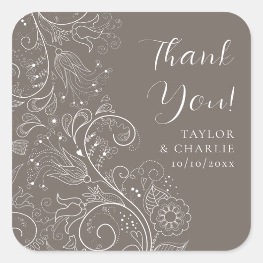 Dusty Brown Elegant Floral Wedding Dank u Vierkante Sticker (Voorkant)