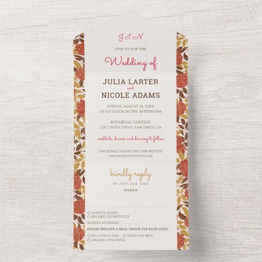 Dusty Brunt Sinaasappel Pioen Bloemen Herfst Bruil All In One Uitnodiging (Binnen)