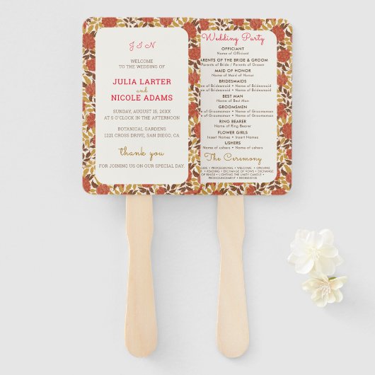 Dusty Brunt Sinaasappel Pioen Bloemen Herfst Bruil Handwaaier (Voorkant en achterkant)