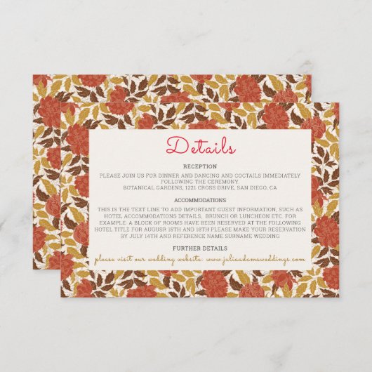 Dusty Brunt Sinaasappel Pioen Bloemen Herfst Bruil Informatiekaartje (Voorkant / Achterkant)