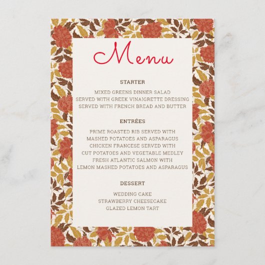 Dusty Brunt Sinaasappel Pioen Bloemen Herfst Bruil Menu (Voorkant)