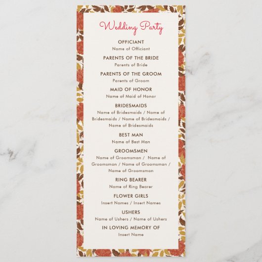 Dusty Brunt Sinaasappel Pioen Bloemen Herfst Bruil Programmakaart (Achterkant)