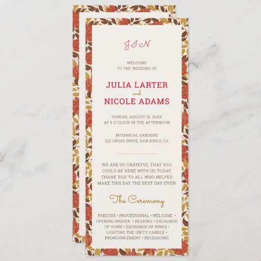 Dusty Brunt Sinaasappel Pioen Bloemen Herfst Bruil Programmakaart (Voorkant / Achterkant)