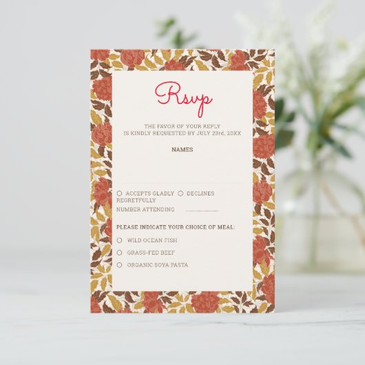 Dusty Brunt Sinaasappel Pioen Bloemen Herfst Bruil RSVP Kaartje (Staand voorkant)