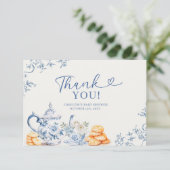 Dusty Bue Chinoiserie Baby shower Tea Party Bedankkaart (Staand voorkant)