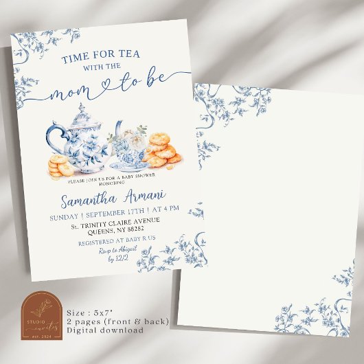Dusty Bue Chinoiserie Baby shower Tea Party Kaart
