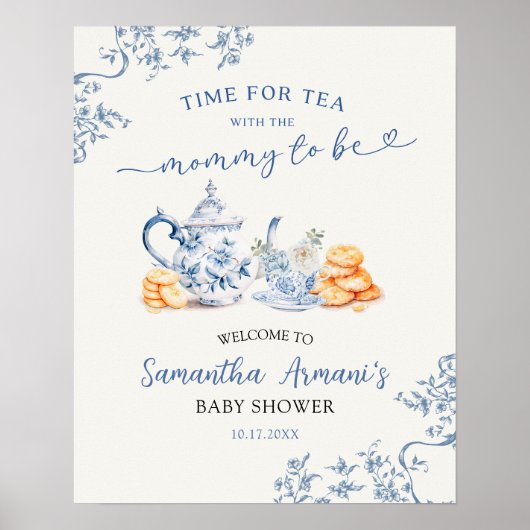 Dusty Bue Chinoiserie Baby shower Welkomstbord Poster (Voorkant)
