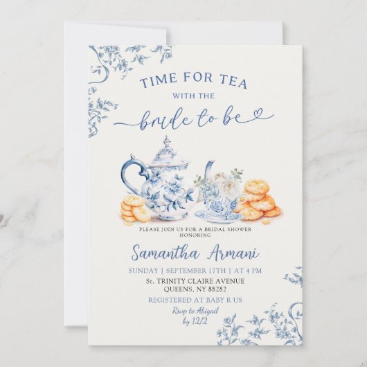 Dusty Bue Chinoiserie Vrijgezellenfeest Tea Party Kaart (Voorkant)