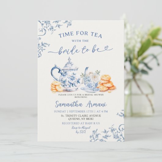 Dusty Bue Chinoiserie Vrijgezellenfeest Tea Party Kaart (Staand voorkant)