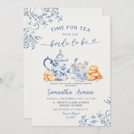 Dusty Bue Chinoiserie Vrijgezellenfeest Tea Party Kaart (Voorkant / Achterkant)