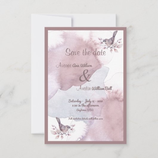 Dusty Burgundy Waterverf en Roos Gold Ampersand Save The Date (Voorkant)