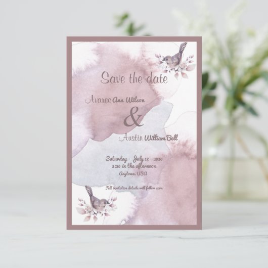 Dusty Burgundy Waterverf en Roos Gold Ampersand Save The Date (Staand voorkant)