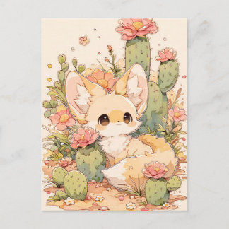 Dusty Coral Bloom Kawaii Fennec Fox Briefkaart