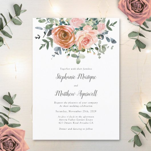 Dusty Coral Eucalyptus Botanical Wedding Kaart