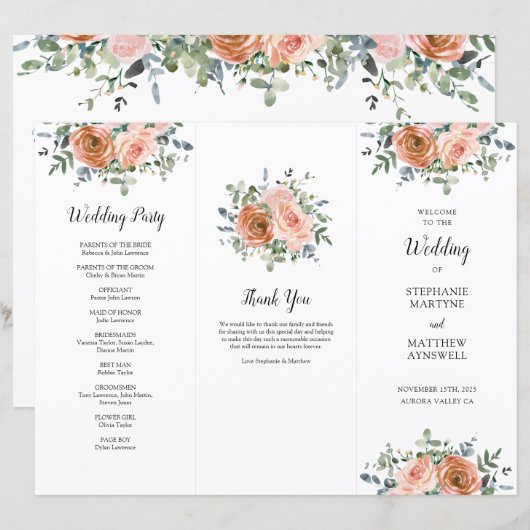 Dusty Coral Eucalyptus Order of Service Wedding (Voorkant / Achterkant)