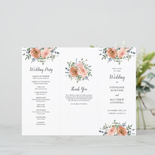 Dusty Coral Eucalyptus Order of Service Wedding (Staand voorkant)