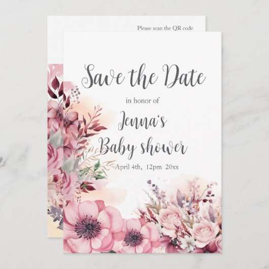 Dusty Coral QR Code Baby shower Save The Date (Voorkant / Achterkant)