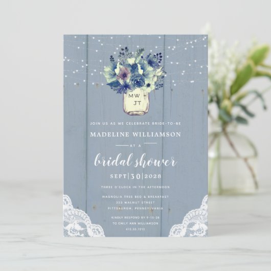 Dusty Country Blue Mason Jar Lace Vrijgezellenfees Kaart (Staand voorkant)