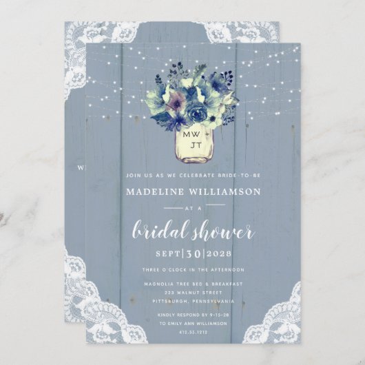 Dusty Country Blue Mason Jar Lace Vrijgezellenfees Kaart (Voorkant / Achterkant)