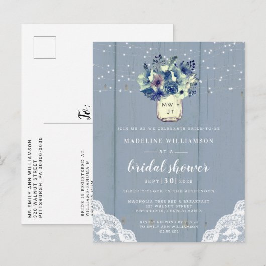 Dusty Country Blue Mason Jar Vrijgezellenfeest Uitnodiging Briefkaart (Voorkant / Achterkant)