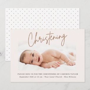 Dusty Cream Handgeschreven Script Christening Foto Kaart